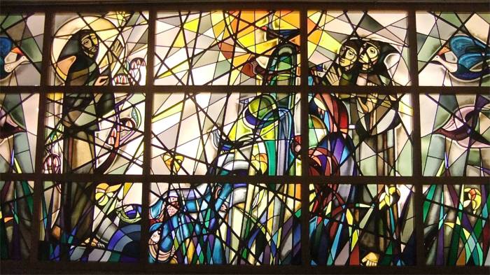 Stained glass installation depicting the life of Francis of Assisi. Demindere Franciscus Museum in Sint-Truiden.