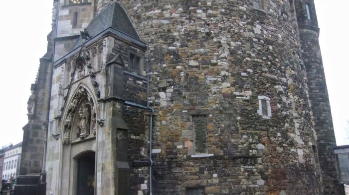 Part of the 8th century palace of Charlemagne that continues to exist as part of the city hall of Aachen.